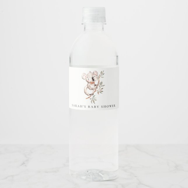 Étiquette Pour Bouteilles D'eau Élégant Baby shower de feuillage Koala Sleepy (Devant)
