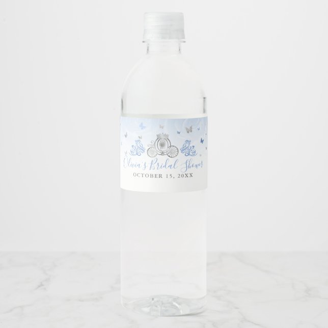 Étiquette Pour Bouteilles D'eau Élégant Bébé Bleu et Argent Princesse Carriage (Devant)