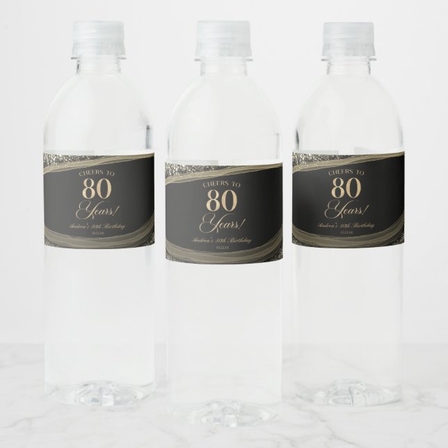 Étiquette Pour Bouteilles D'eau Elegant Black Gold Agate 80th Birthday Party (Bouteilles)