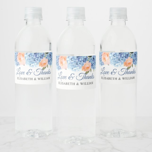 Étiquette Pour Bouteilles D'eau Élégant bleu Hydrangea rose Rose Mariage (Bouteilles)