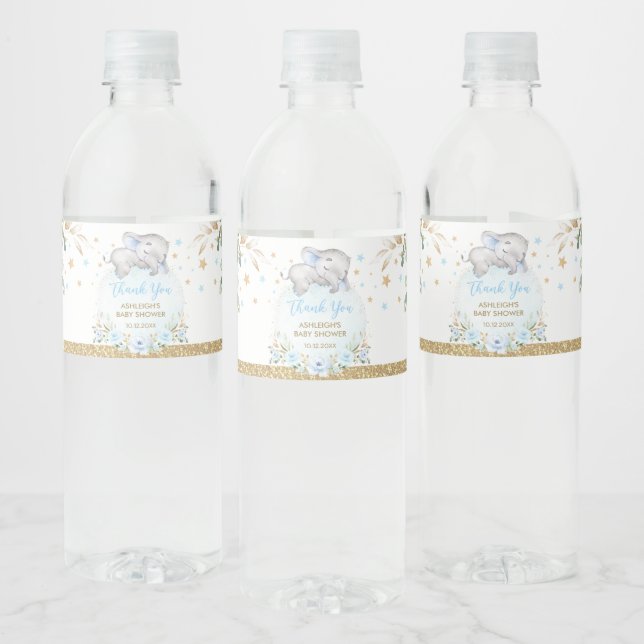 Étiquette Pour Bouteilles D'eau Elégant Blue Gold Floral Garçon bébé Eléphant Douc (Bouteilles)