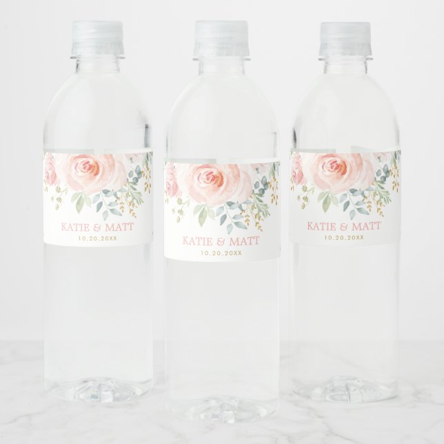 Étiquette Pour Bouteilles D'eau Elégant Blush Gold Aquarelle Roses mariage Faveurs (Bouteilles)