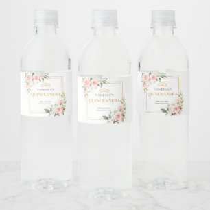 Étiquette Pour Bouteilles D'eau Elégant boho Blush roses roses or tiara 15e