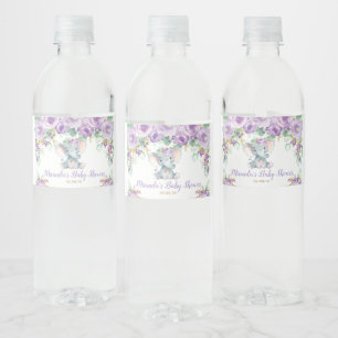 Étiquette Pour Bouteilles D'eau Élégant éléphant floral violet Baby Shower Fille