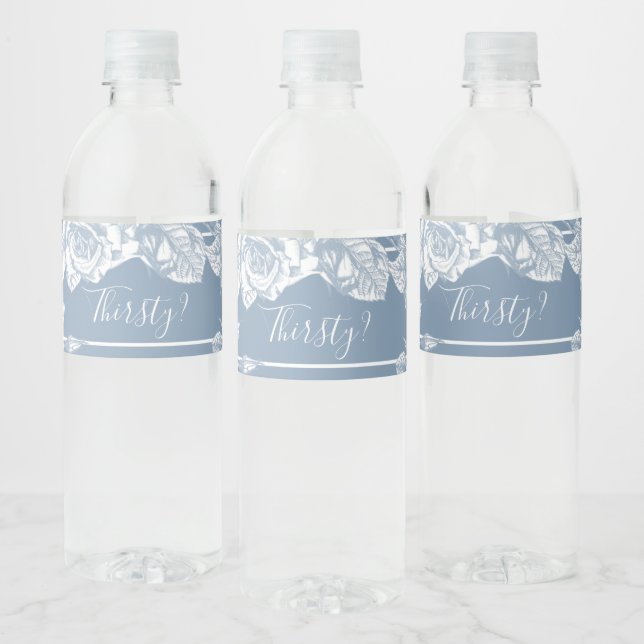Étiquette Pour Bouteilles D'eau Élégant floral bleu poussiéreux assoiffé (Bouteilles)