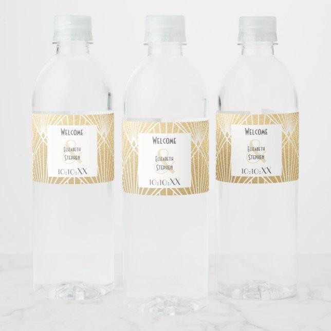 Étiquette Pour Bouteilles D'eau Elégant Gatsby Art Déco Mariage blanc & or (Bouteilles)
