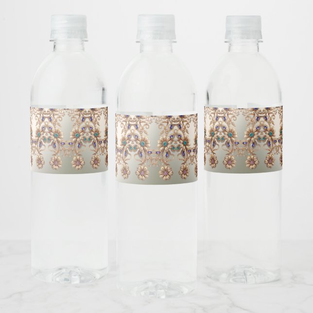Étiquette Pour Bouteilles D'eau Elegant Gold Jewel Flowers Water Bottle Label (Bouteilles)