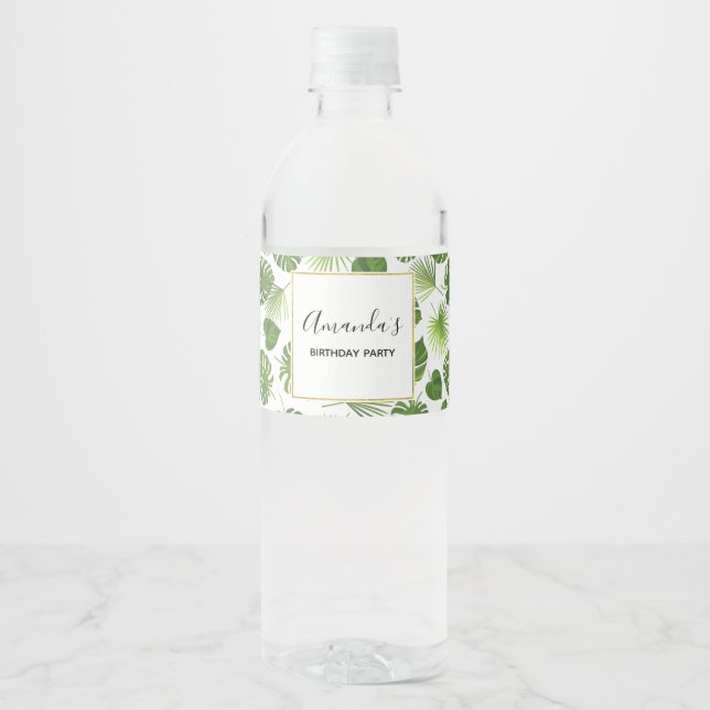 Étiquette Pour Bouteilles D'eau Elégant Green Tropical Feuille Motif Anniversaire (Devant)