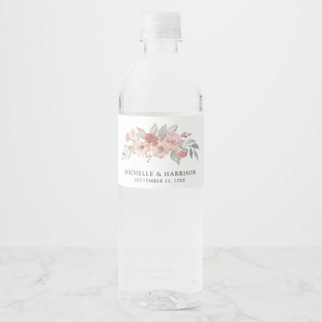 Étiquette Pour Bouteilles D'eau Élégant Mariage d'aquarelle rose pâle (Devant)