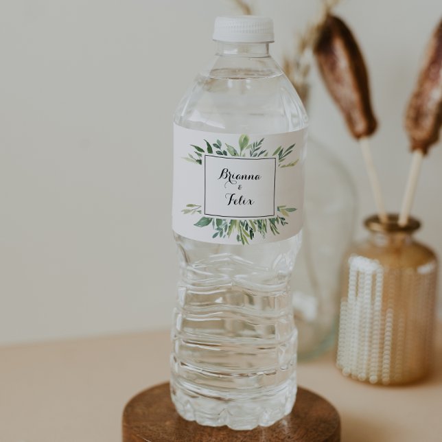 Étiquette Pour Bouteilles D'eau Élégant Mariage de feuillage vert tropical (Créateur téléchargé)