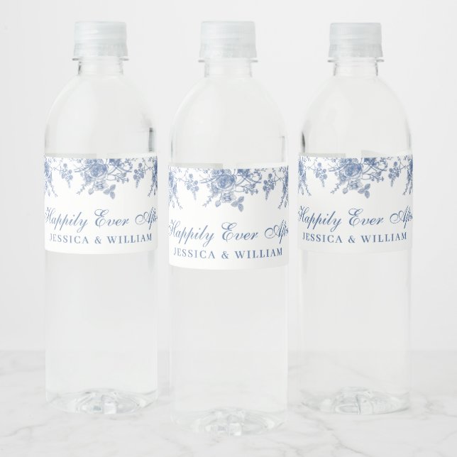 Étiquette Pour Bouteilles D'eau Élégant Mariage de Floral Bleu Victorien Français (Bouteilles)