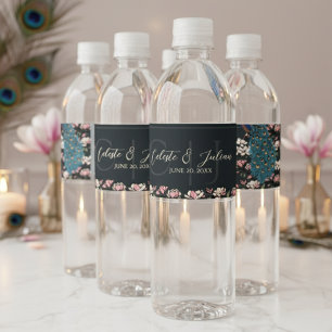 Étiquette Pour Bouteilles D'eau Élégant Mariage de paon noir floral