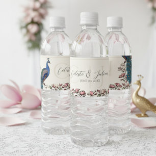 Étiquette Pour Bouteilles D'eau Élégant Mariage de Peacock Floral Ivory