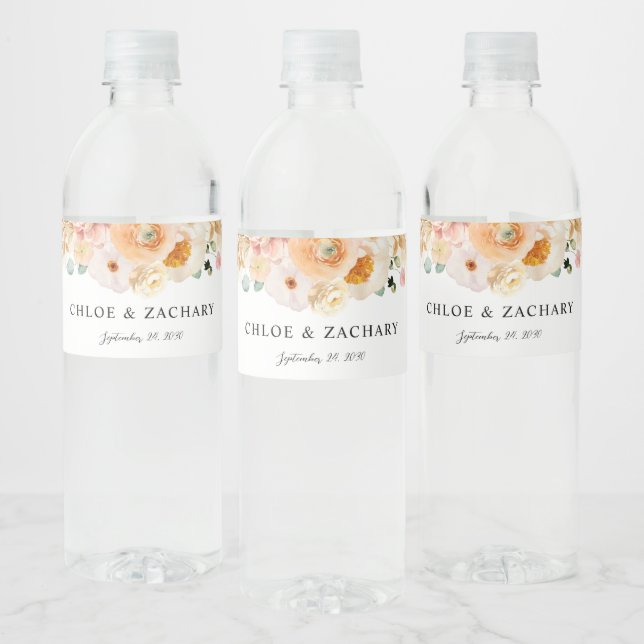 Étiquette Pour Bouteilles D'eau Élégant Mariage floral de pêche (Bouteilles)