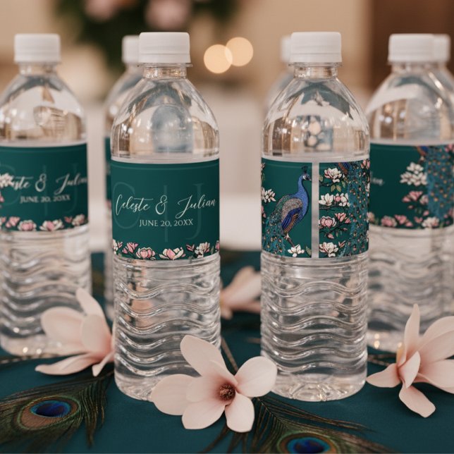 Étiquette Pour Bouteilles D'eau Élégant Mariage Turquoise de Peacock Floral (Elegant Floral Peacock Water Bottle Label. Modern Chinoiserie Peacock, Flowers Teal Food Drink Label)