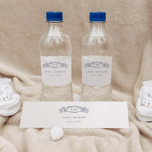 Étiquette Pour Bouteilles D'eau Élégant monogramme de crête botanique nautique de