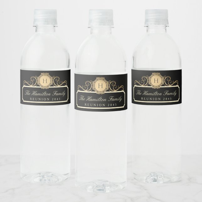 Étiquette Pour Bouteilles D'eau Élégant Monogramme Or Reunion Famille Noir (Bouteilles)