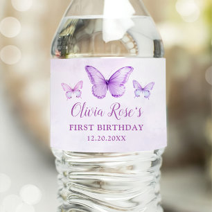 Étiquette Pour Bouteilles D'eau Elégant papillon violet 1er anniversaire fête