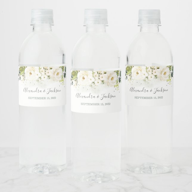 Étiquette Pour Bouteilles D'eau Élégant Rose blanche et Mariage or Cursive (Bouteilles)