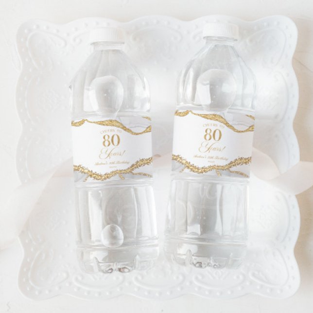 Étiquette Pour Bouteilles D'eau Elegant White Gold Agate 80th Birthday Party (Créateur téléchargé)