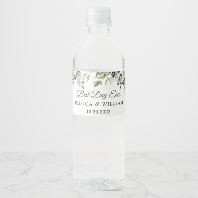 Étiquette Pour Bouteilles D'eau Elégante aquarelle Eucalyptus Meilleur Jour Jamais (Devant)