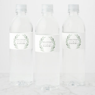 Étiquette Pour Bouteilles D'eau Elégante aquarelle Mariage vert feuille d'olive