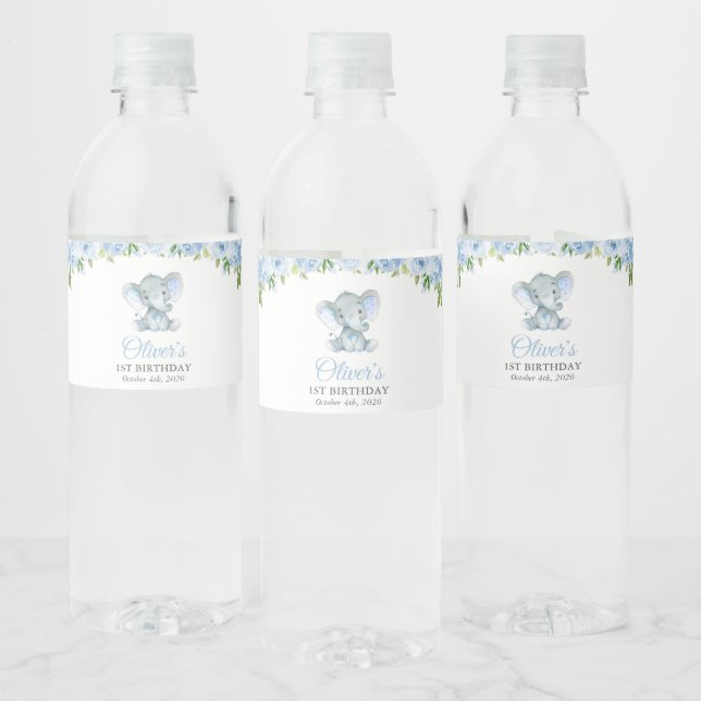 Étiquette Pour Bouteilles D'eau Eléphant, Fleurs d'aquarelle bleue, premier annive (Bouteilles)