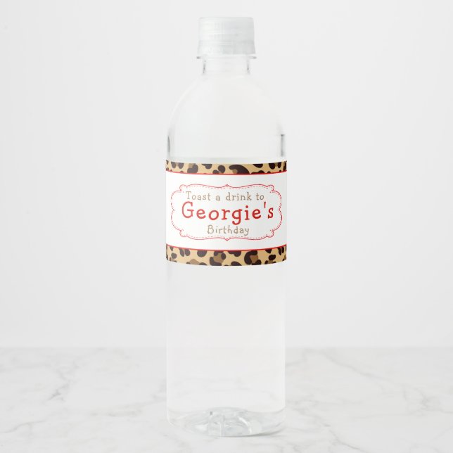 Étiquette Pour Bouteilles D'eau Empreinte de léopard Red Quatrefoil fête d'anniver (Devant)