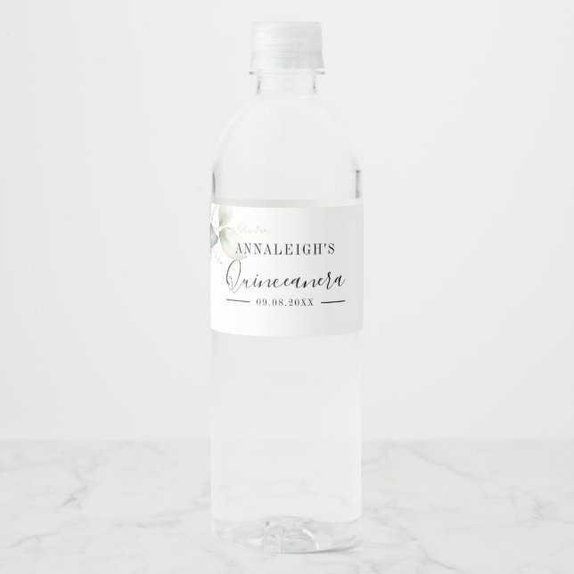 Étiquette Pour Bouteilles D'eau Eucalyptus Verdure Quinceanera 15e anniversaire (Devant)
