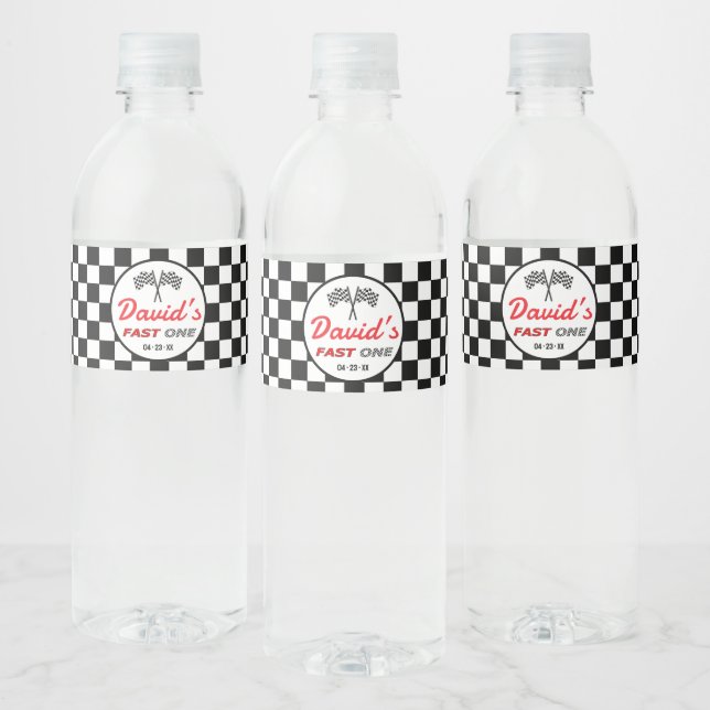 Étiquette Pour Bouteilles D'eau Fast ONE | Black White Race Car Flags Birthday  (Bouteilles)