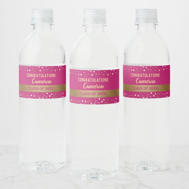 Étiquette Pour Bouteilles D'eau Félicitations Pink noir Graduation personnalisée (Bouteilles)