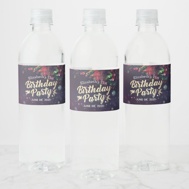 Étiquette Pour Bouteilles D'eau Fête Anniversaire Rouge Floral Gold Script Purple  (Bouteilles)