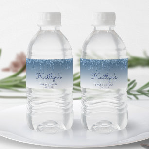 Étiquette Pour Bouteilles D'eau Fête chic bleu pailleté Sweet 16