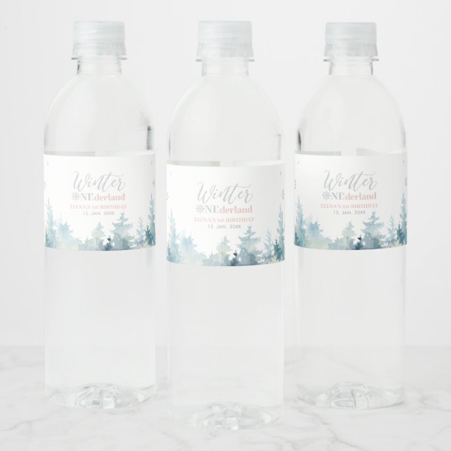 Étiquette Pour Bouteilles D'eau Fête d'anniversaire de l'hiver rose et argent (Bouteilles)
