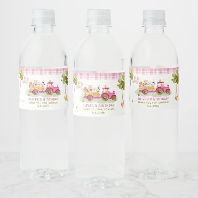 Étiquette Pour Bouteilles D'eau Fête d'anniversaire des animaux de ferme roses (Bouteilles)