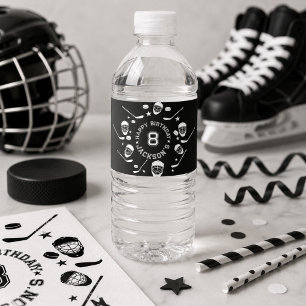 Étiquette Pour Bouteilles D'eau Fête d'anniversaire sur le thème de hockey noir et