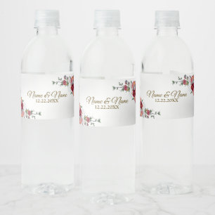 Étiquette Pour Bouteilles D'eau Fête de mariage coloré Rouge Floral Argent élégant