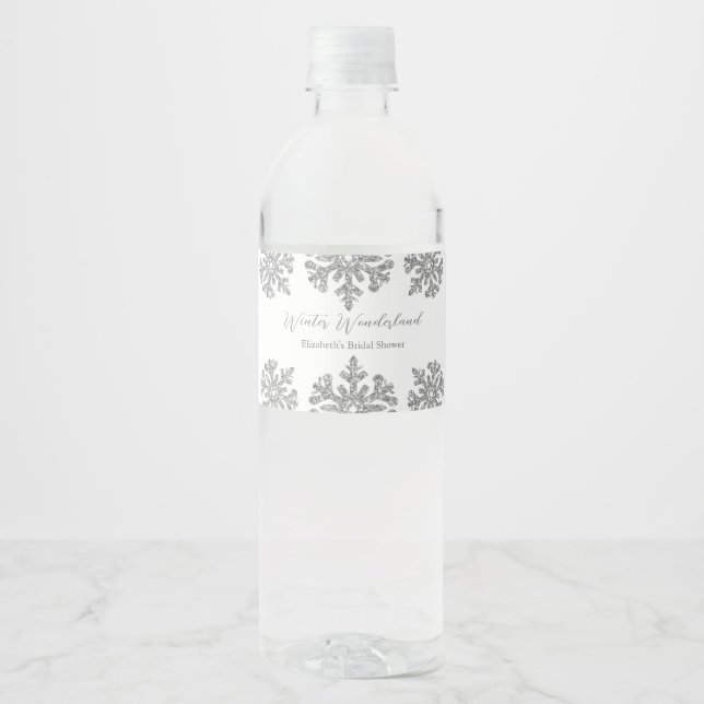 Étiquette Pour Bouteilles D'eau Fête des mariées d'hiver Silver Snowflake (Devant)