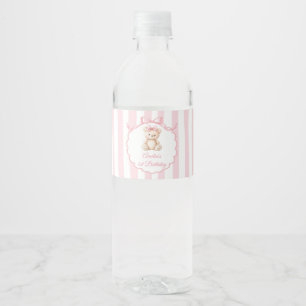 Étiquette Pour Bouteilles D'eau Filles Ourson Rose Ruban Rayures 1er Anniversaire