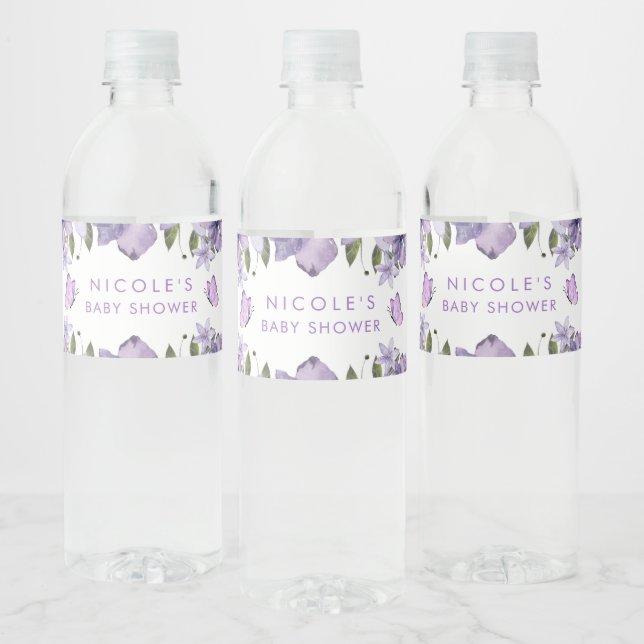 Étiquette Pour Bouteilles D'eau Fleur sauvage d'aquarelle aux papillons violets (Bouteilles)