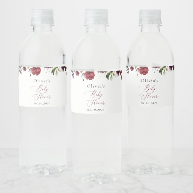 Étiquette Pour Bouteilles D'eau Fleurs Bourgognes, Fleurs Roses, Boho, Baby shower (Bouteilles)