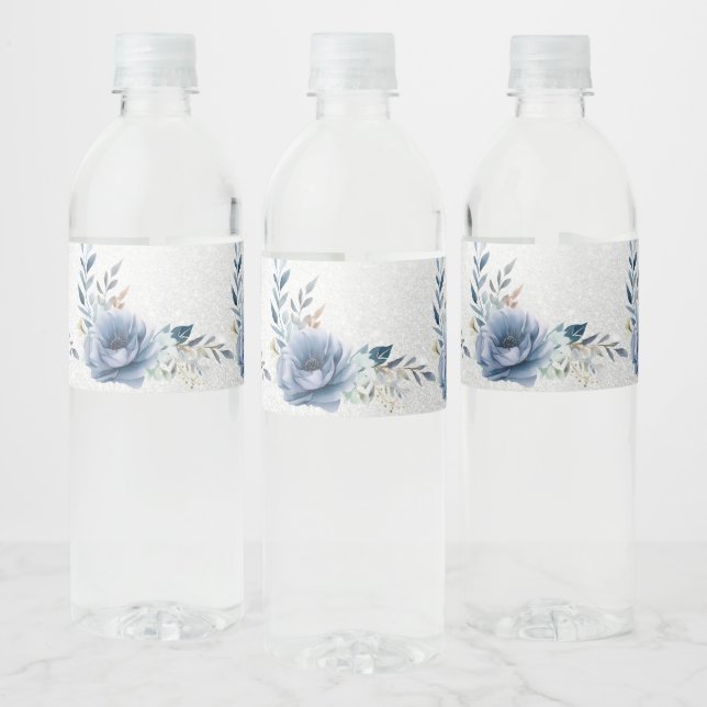 Étiquette Pour Bouteilles D'eau Fleurs d'Aquarelle bleu Dusty Silver Elégant (Bouteilles)