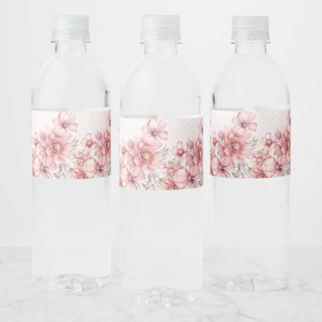 Étiquette Pour Bouteilles D'eau Fleurs d'aquarelle rose fêtards Parties scintillan (Bouteilles)