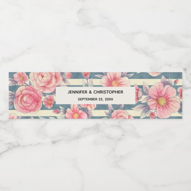 Étiquette Pour Bouteilles D'eau Fleurs d'aquarelle rose sur les bandes Mariage (Étiquettes simples)