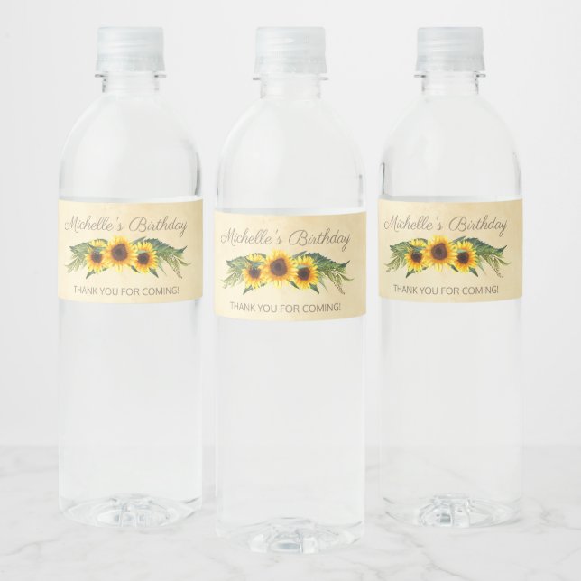 Étiquette Pour Bouteilles D'eau Fleurs de soleil jaunes rustiques Merci d'annivers (Bouteilles)