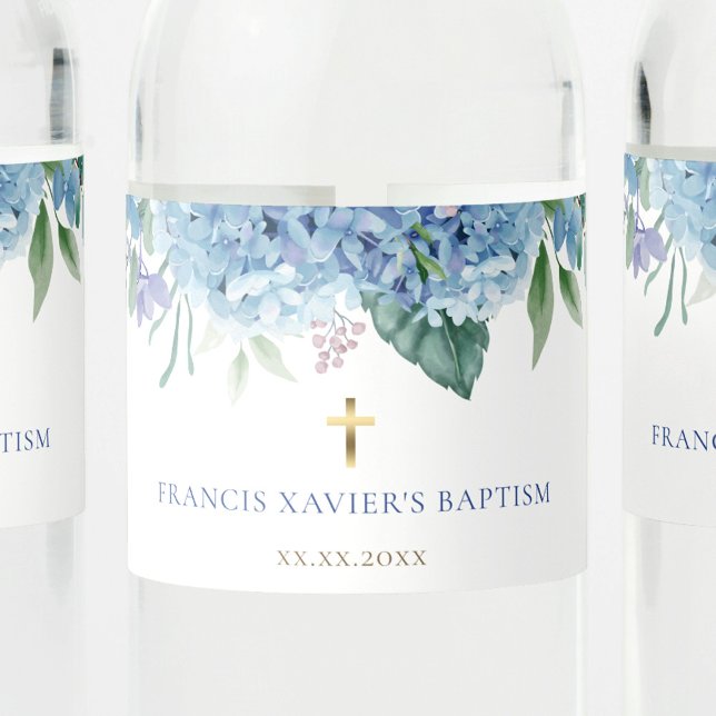 Étiquette Pour Bouteilles D'eau fleurs d'hydrangée bleue Baptême (Créateur téléchargé)