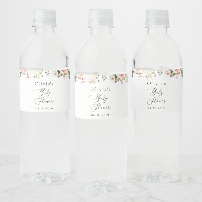 Étiquette Pour Bouteilles D'eau Fleurs roses, Fleurs blanches, Boho, Baby shower (Bouteilles)