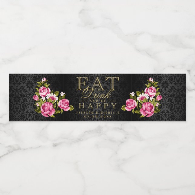 Étiquette Pour Bouteilles D'eau Fleurs roses - Mangez, buvez et soyez (Ajouter vot (Étiquettes simples)