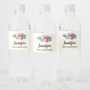 Étiquette Pour Bouteilles D'eau Fleurs tropicales exotiques à l'Anniversaire rose 