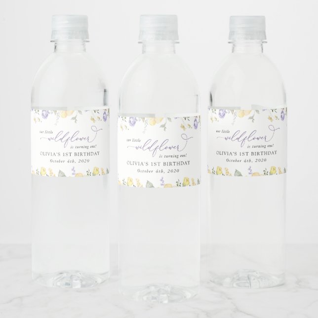 Étiquette Pour Bouteilles D'eau Fleurs violettes, Fleurs Jaunes, Premier Anniversa (Bouteilles)